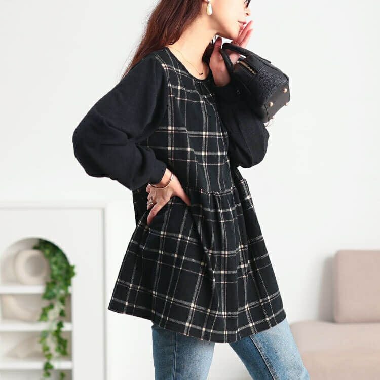 大きいサイズ レディース 静電気防止チェック柄ペプラムチュニック cast-5558020