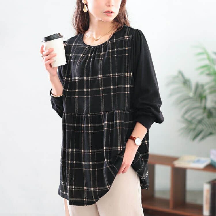 大きいサイズ レディース 静電気防止チェック柄ペプラムチュニック cast-5558020