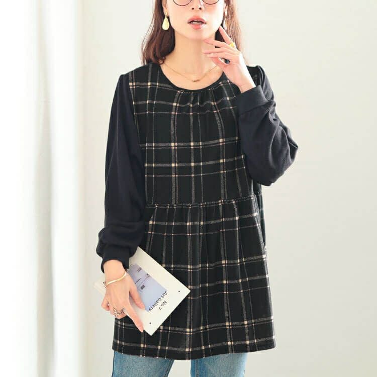 大きいサイズ レディース 静電気防止チェック柄ペプラムチュニック cast-5558020
