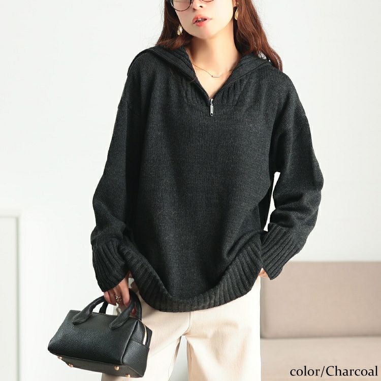大きいサイズ レディース ハーフZIPリブ編み切り替えニット kt-43007