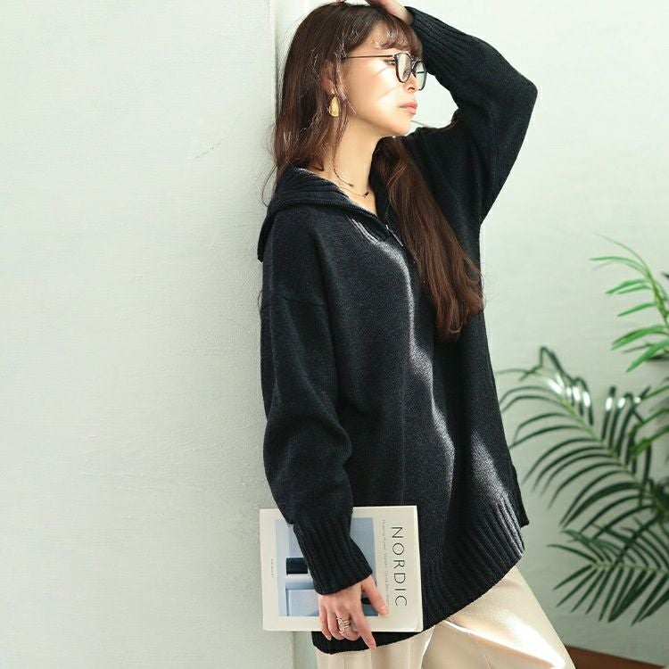 大きいサイズ レディース ハーフZIPリブ編み切り替えニット kt-43007