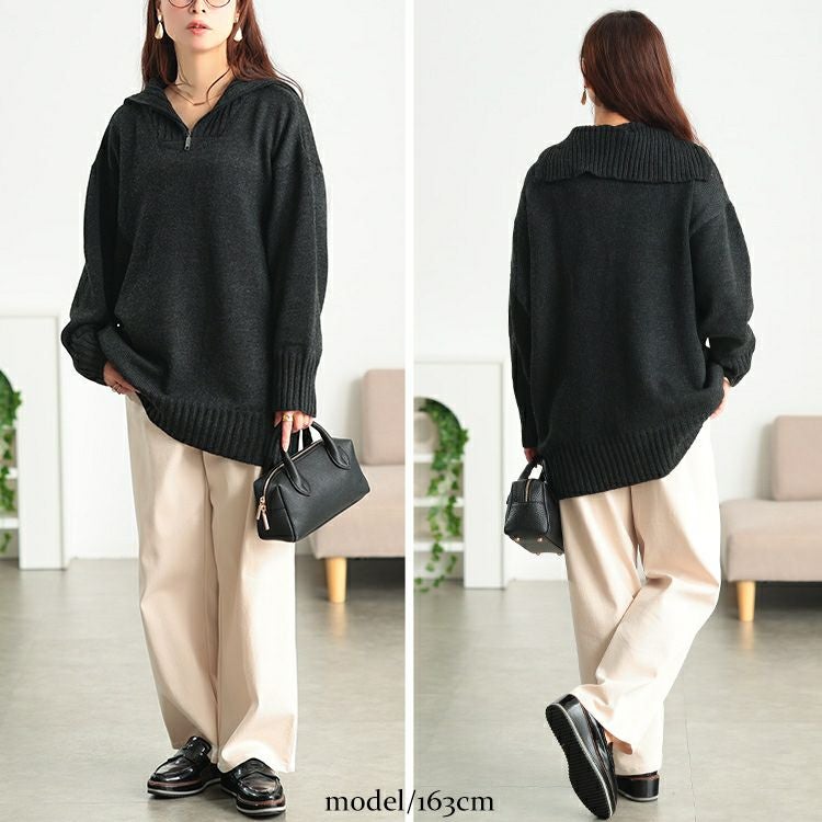 大きいサイズ レディース ハーフZIPリブ編み切り替えニット kt-43007