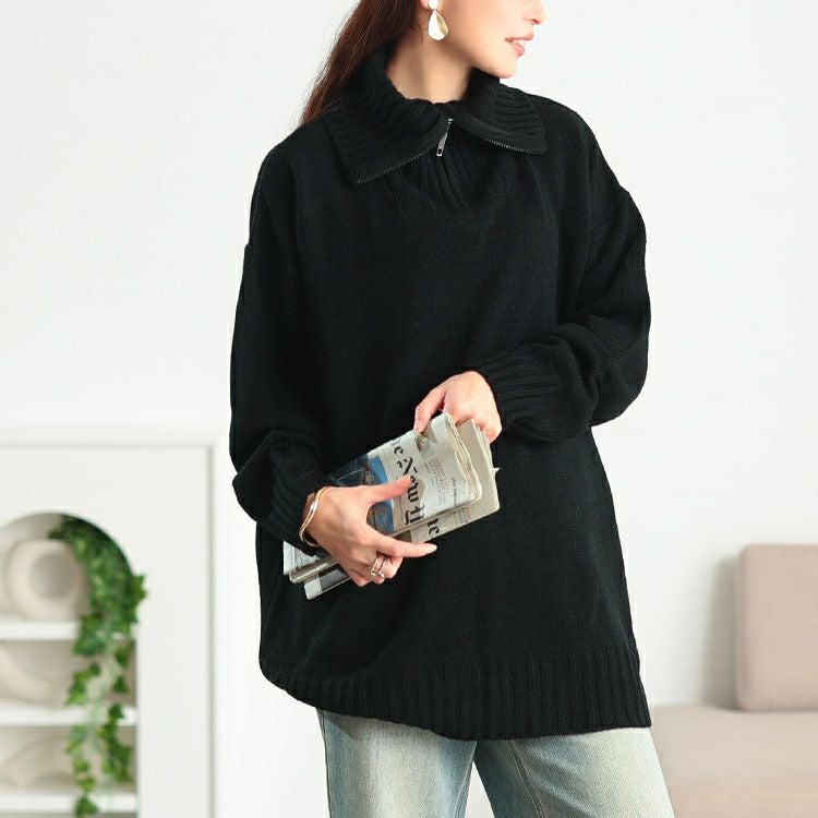 大きいサイズ レディース ハーフZIPリブ編み切り替えニット kt-43007