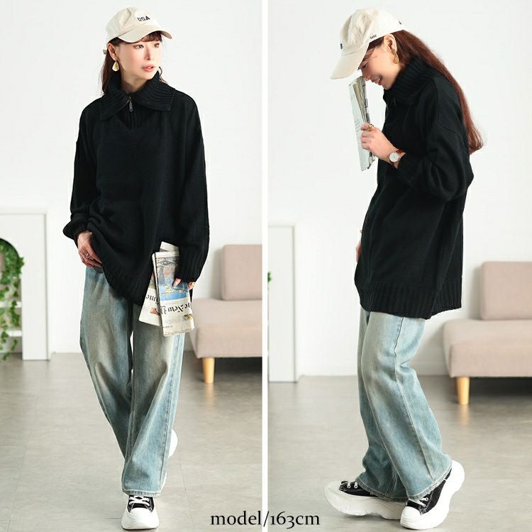 大きいサイズ レディース ハーフZIPリブ編み切り替えニット kt-43007