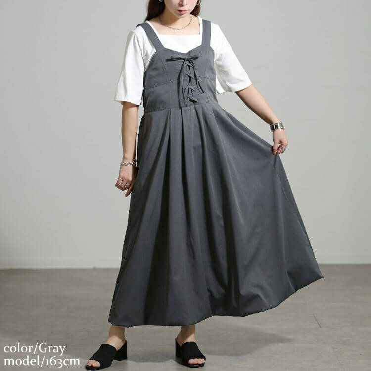 大きいサイズ レディース レースアップバルーンジャンパースカート nw-25055