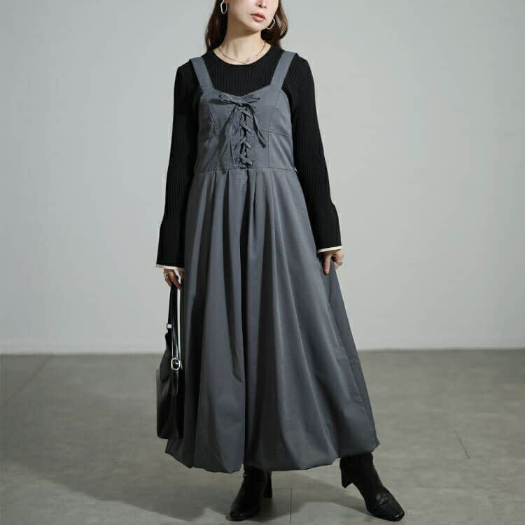 大きいサイズ レディース レースアップバルーンジャンパースカート nw-25055