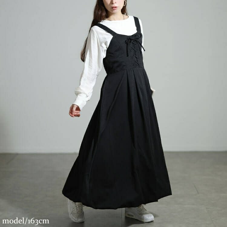 大きいサイズ レディース レースアップバルーンジャンパースカート nw-25055