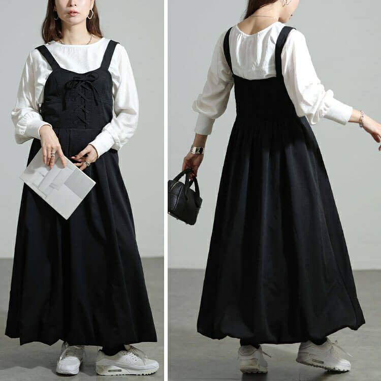 大きいサイズ レディース レースアップバルーンジャンパースカート nw-25055