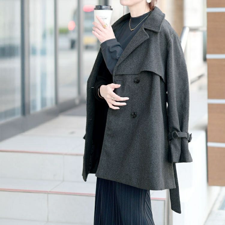 大きいサイズ レディース ベルト付きウール調トレンチコート tana