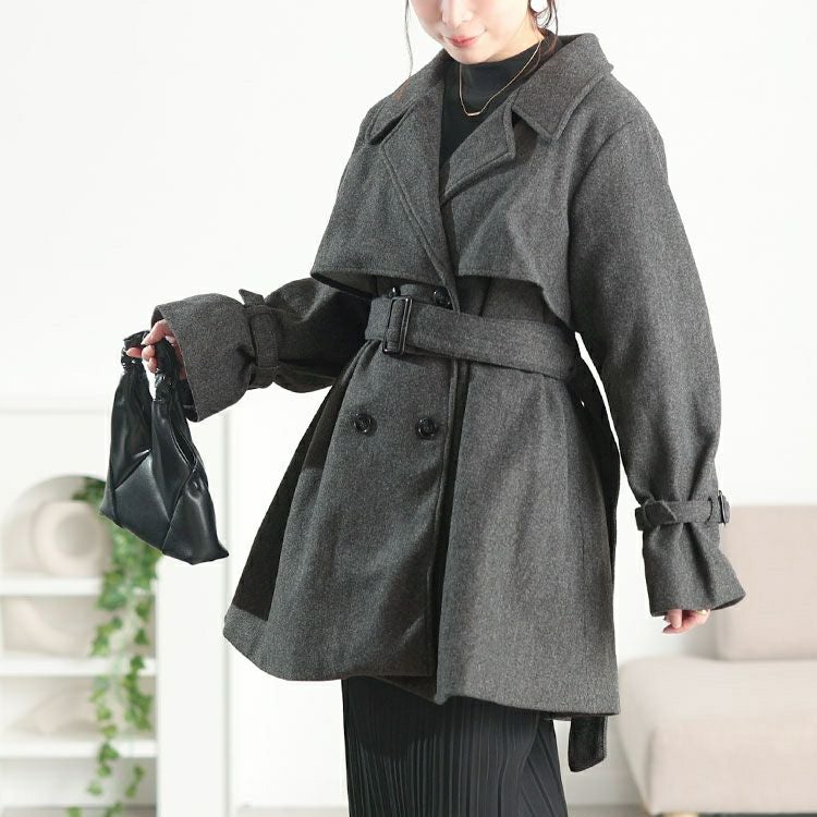 大きいサイズ レディース ベルト付きウール調トレンチコート tana-ww650054