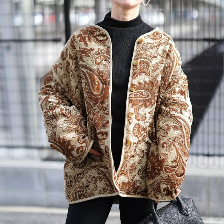 大きいサイズ レディース 配色パイピングペイズリー柄ジャケット sw-0833