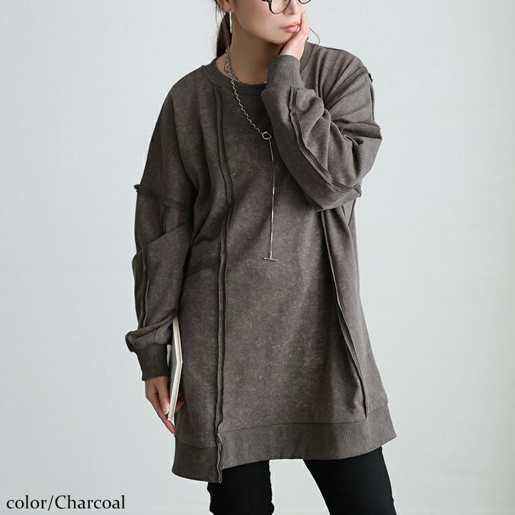 Spick & Span⭐︎クルーネック⭐︎ワイドチュニック⭐︎プルオーバー 大きいサイズ レディース ブリーチ加工リメイク風ワイドチュニック