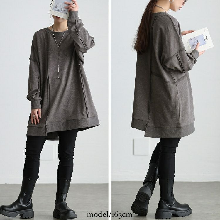 大きいサイズ レディース ブリーチ加工リメイク風ワイドチュニック maru-20031