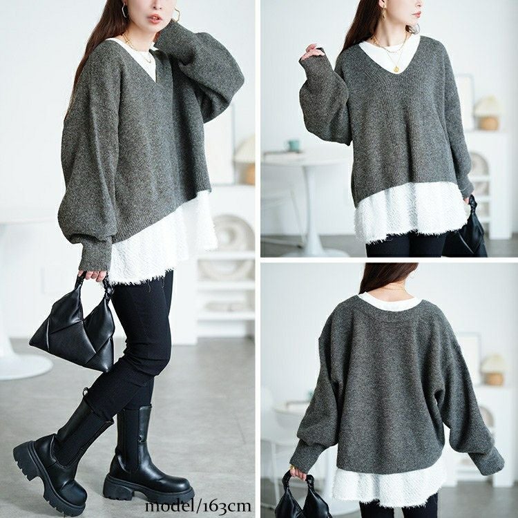 大きいサイズ レディース Vネッククロップドニット＆フリンジペプラムチュニック2点セット maru-20030