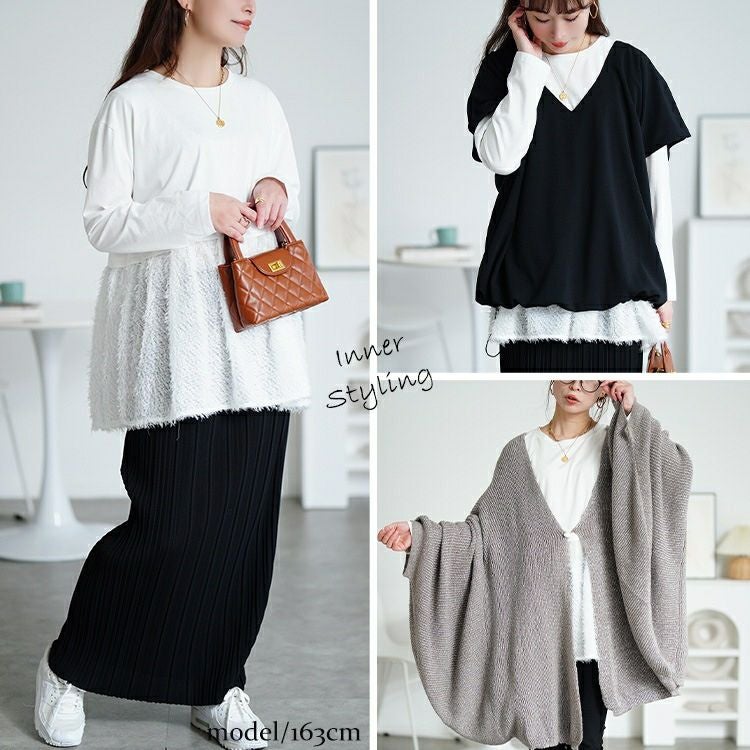 大きいサイズ レディース Vネッククロップドニット＆フリンジペプラムチュニック2点セット maru-20030