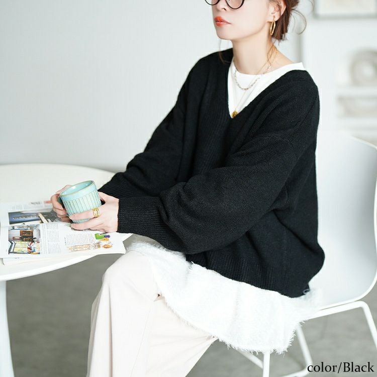 大きいサイズ レディース Vネッククロップドニット＆フリンジペプラムチュニック2点セット maru-20030