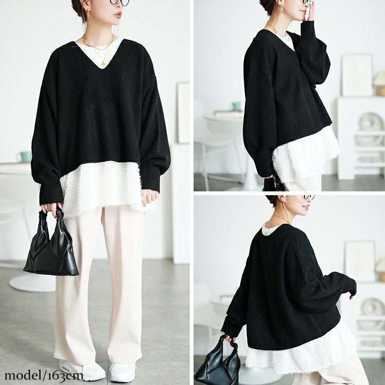 大きいサイズ レディース Vネッククロップドニット＆フリンジペプラムチュニック2点セット maru-20030