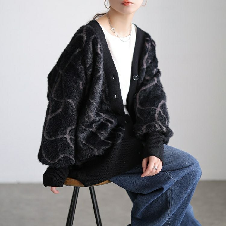 大きいサイズ レディース ライン柄シャギーニットカーディガン maru-20029