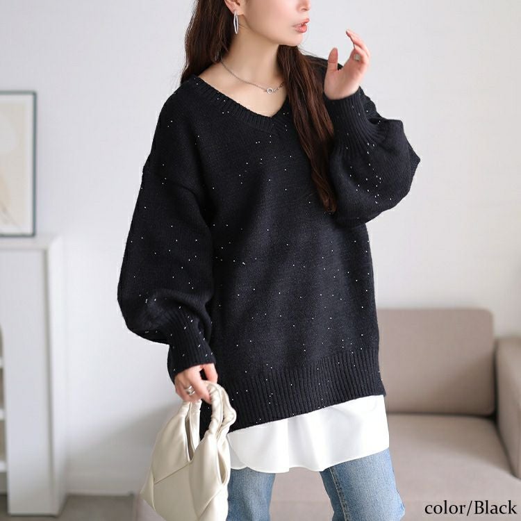 大きいサイズ レディース ボリューム袖パールニットチュニック maru-20028