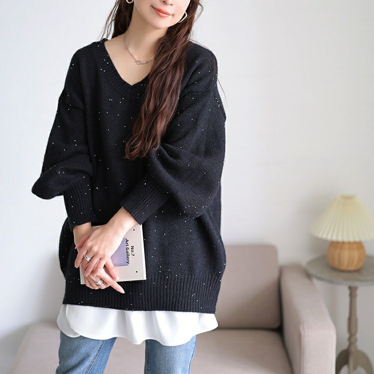 大きいサイズ レディース ボリューム袖パールニットチュニック maru-20028