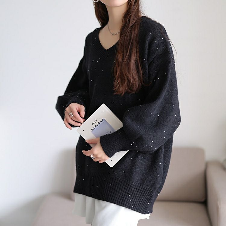 大きいサイズ レディース ボリューム袖パールニットチュニック maru-20028