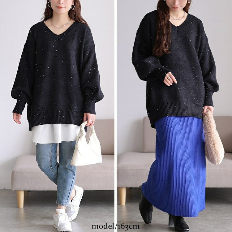 大きいサイズ レディース ボリューム袖パールニットチュニック maru-20028