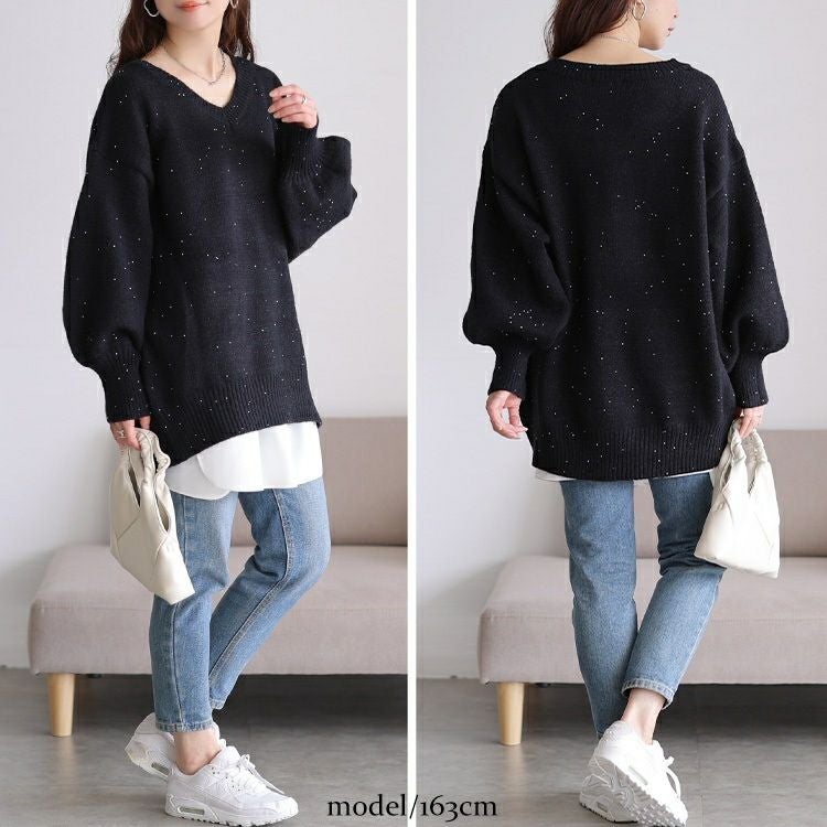 大きいサイズ レディース ボリューム袖パールニットチュニック maru-20028