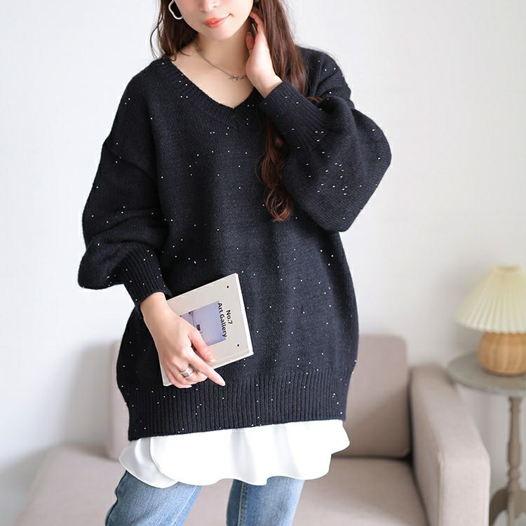 大きいサイズ レディース ボリューム袖パールニットチュニック maru-20028