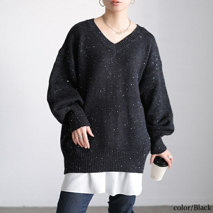 大きいサイズ レディース ボリューム袖スパンコールニットチュニック maru-20027