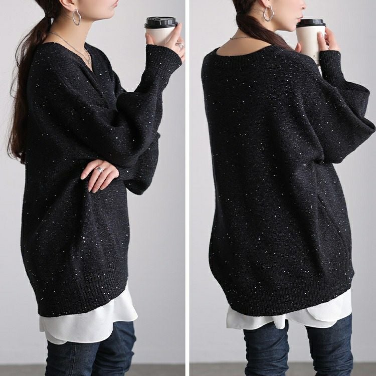 大きいサイズ レディース ボリューム袖スパンコールニットチュニック maru-20027