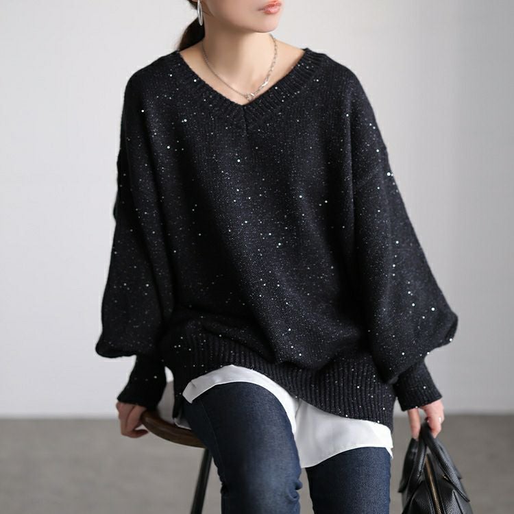 大きいサイズ レディース ボリューム袖スパンコールニットチュニック maru-20027