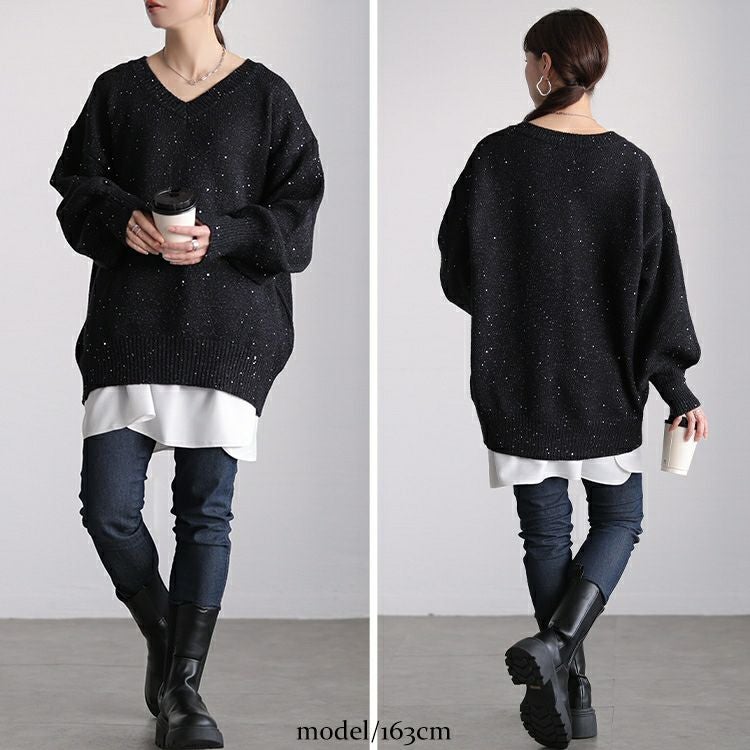 大きいサイズ レディース ボリューム袖スパンコールニットチュニック maru-20027