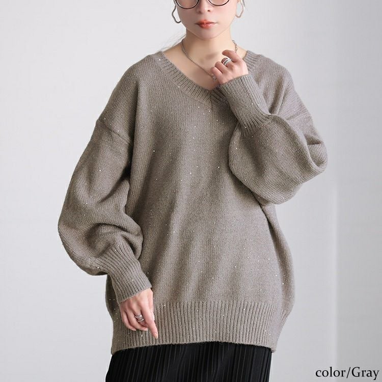 大きいサイズ レディース ボリューム袖スパンコールニットチュニック maru-20027