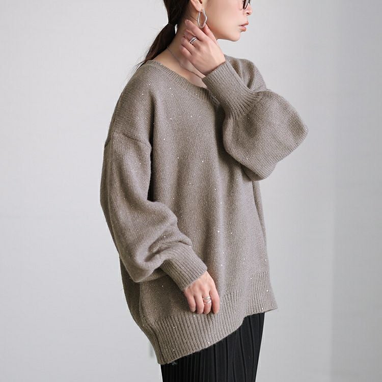 大きいサイズ レディース ボリューム袖スパンコールニットチュニック maru-20027