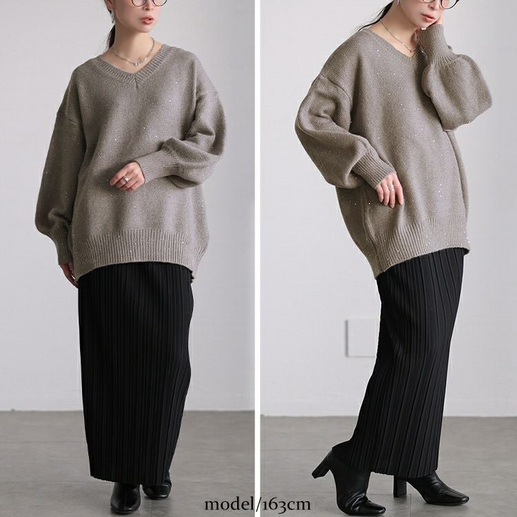 大きいサイズ レディース ボリューム袖スパンコールニットチュニック maru-20027