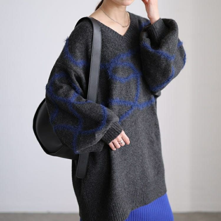 大きいサイズ レディース メランジラインVネックニットチュニック maru-20026