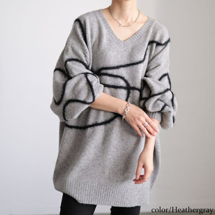大きいサイズ レディース メランジラインVネックニットチュニック maru-20026