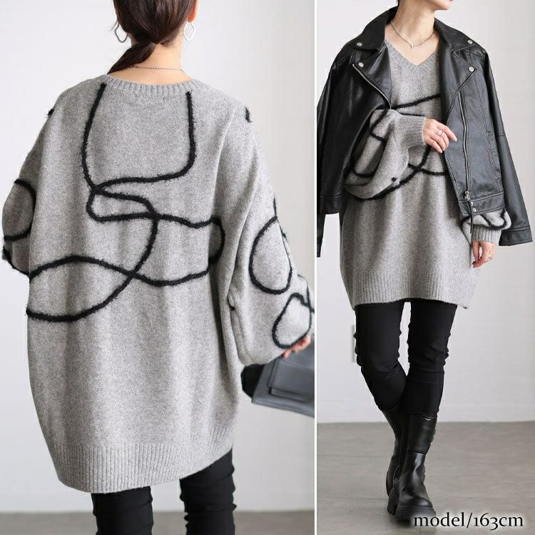 大きいサイズ レディース メランジラインVネックニットチュニック maru-20026