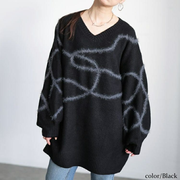 大きいサイズ レディース メランジラインVネックニットチュニック maru-20026