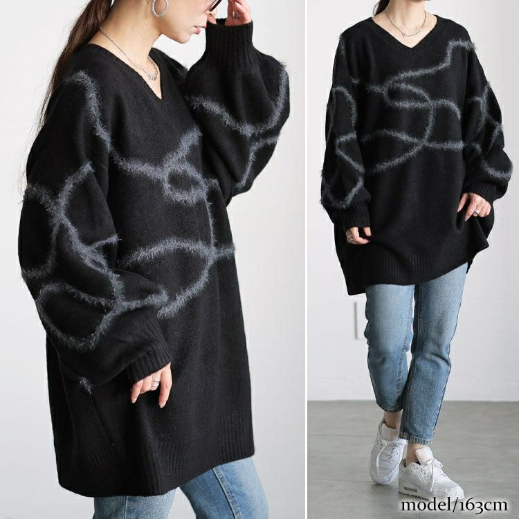 大きいサイズ レディース メランジラインVネックニットチュニック maru-20026