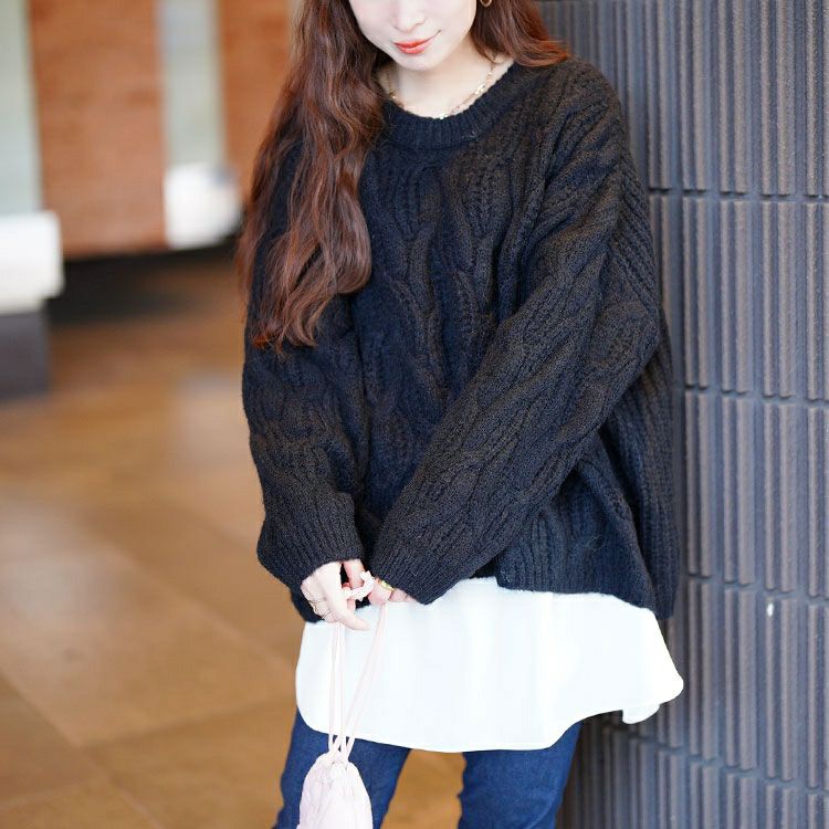 大きいサイズ レディース ケーブル編みクロップドワイドニット maru-20025