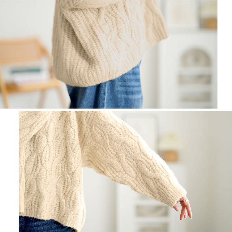 大きいサイズ レディース ケーブル編みクロップドワイドニット maru-20025