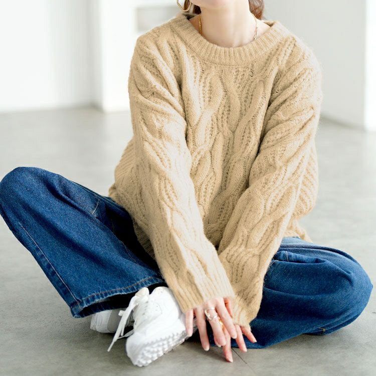 大きいサイズ レディース ケーブル編みクロップドワイドニット maru-20025