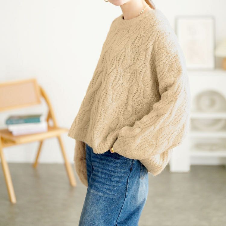 大きいサイズ レディース ケーブル編みクロップドワイドニット maru-20025
