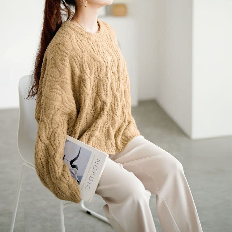 大きいサイズ レディース ケーブル編みクロップドワイドニット maru-20025