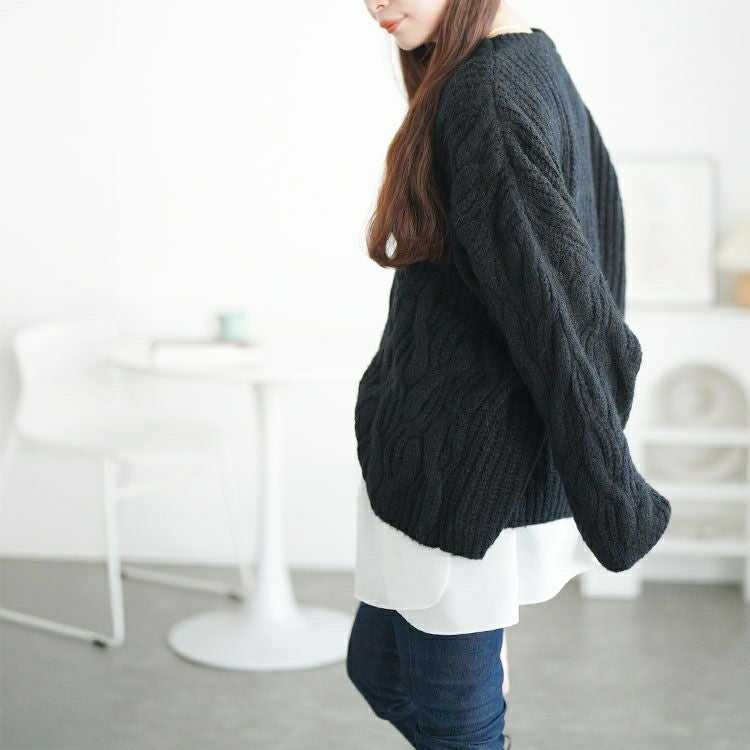 大きいサイズ レディース ケーブル編みクロップドワイドニット maru-20025