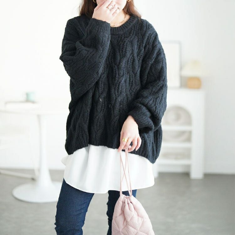 大きいサイズ レディース ケーブル編みクロップドワイドニット maru-20025