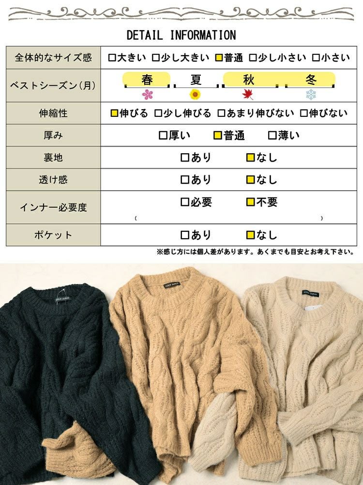 大きいサイズ レディース ケーブル編みクロップドワイドニット maru-20025