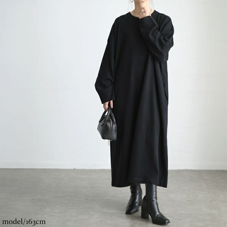 大きいサイズ レディース ラウンドネックAラインニットワンピース maru-20024