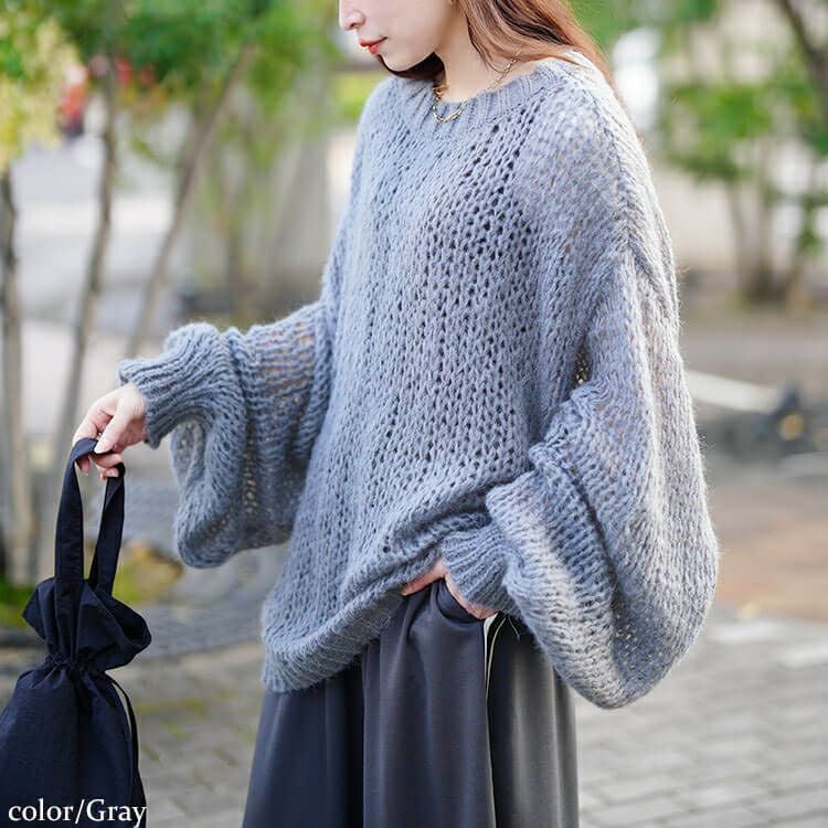 大きいサイズ レディース ボリューム袖オーバーサイズローゲージニット jp569